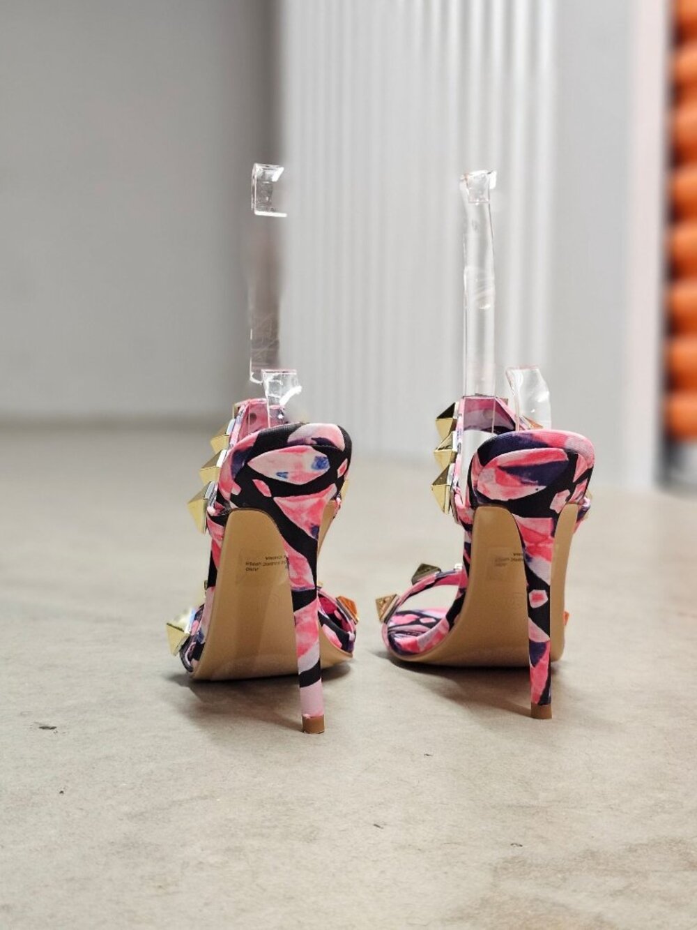 Pink & Gold Studded High Heel Sandals With Floral Pattern Open Toe Stiletto Heel - Picture 10 of 13